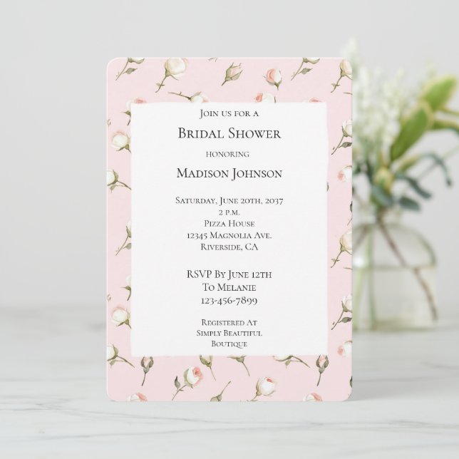 Pretty Pink White Roses Floral Bridal Shower Invitation (Standing Front)