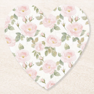 Pretty Pink White Roses Floral Bridal Shower Paper Coaster