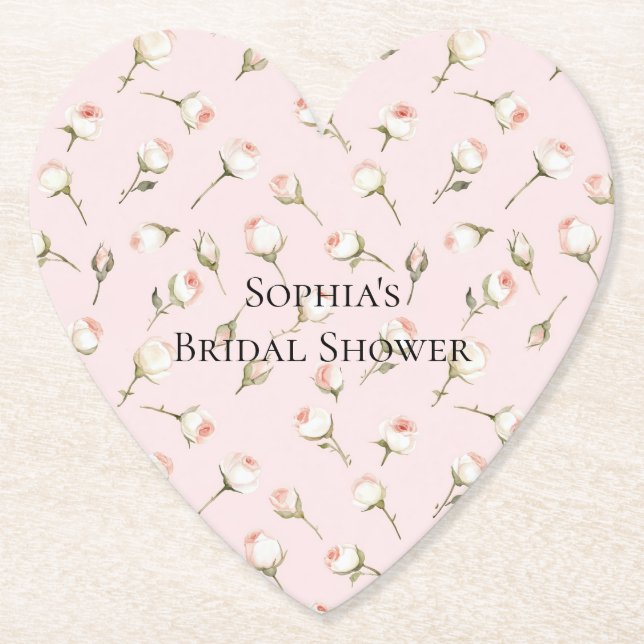 Pretty Pink White Roses Floral Bridal Shower Paper Coaster (Front)