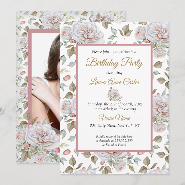 Pretty Pink White Roses Photo Birthday Party Invitation (Front/Back)