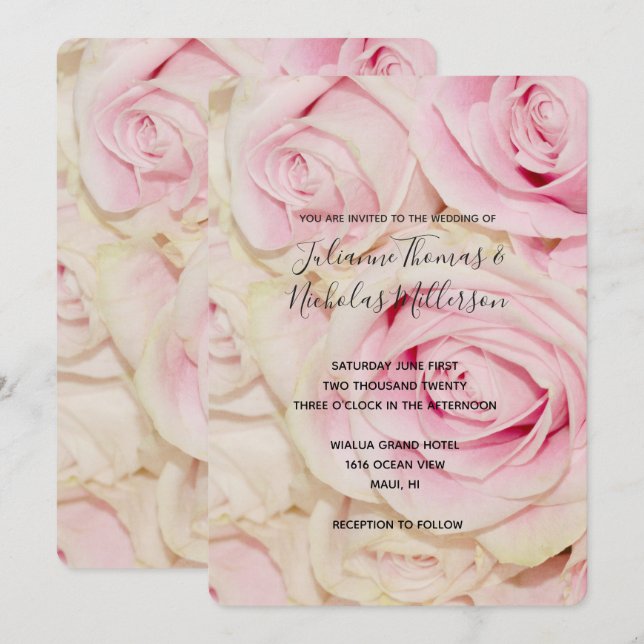 Pretty Pink White Roses Wedding Invites (Front/Back)