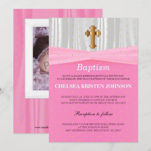 Pretty Pink & White Satin Baptism / Christening Invitation (Front/Back)