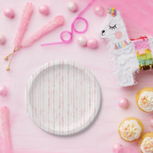 Pretty Pink White Stripes Birthday Paper Plate