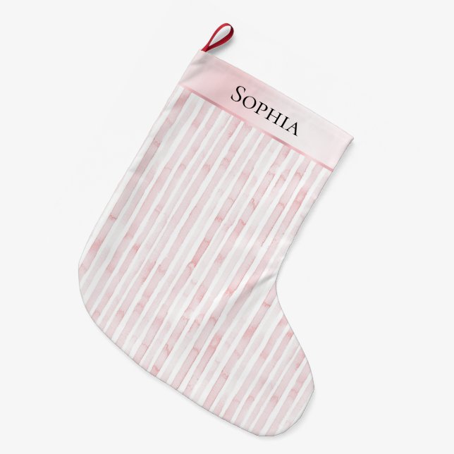 Pretty Pink White Stripes Christmas   Large Christmas Stocking (Front (Hanging))