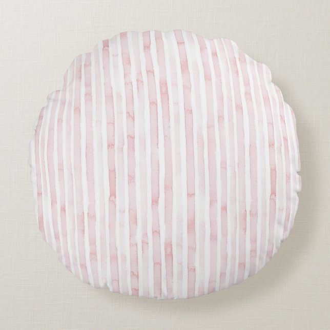 Pretty Pink White Stripes Floral Round Cushion (Front)
