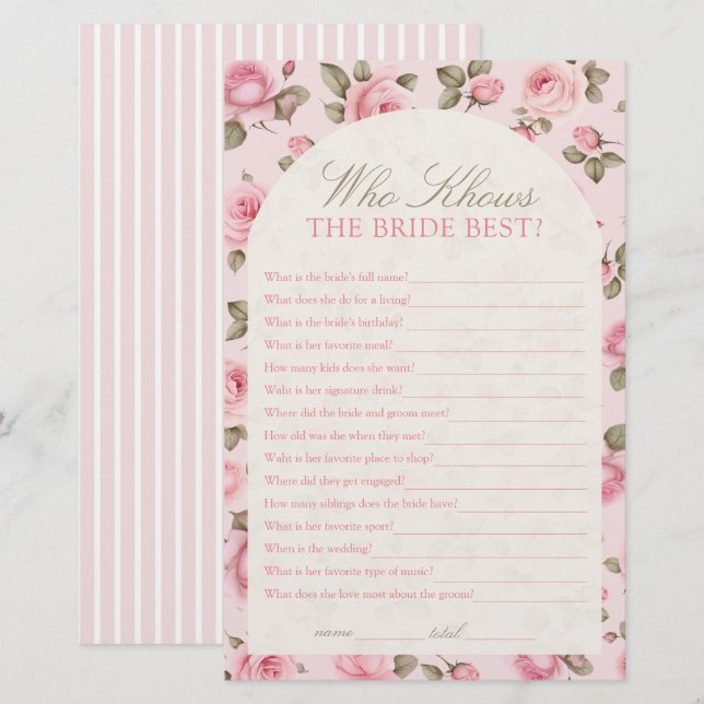Pretty Pink Who Know The Bride Bridal Shower Game (Front/Back)
