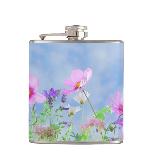 Pretty Pink Wild Flower Meadow Hip Flask (Front)