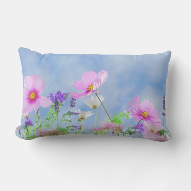 Pretty Pink Wild Flower Meadow Lumbar Cushion (Front)
