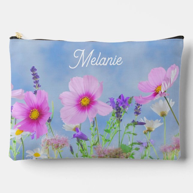 Pretty Pink Wild Flower Meadow Personalised Accessory Pouch (Front)