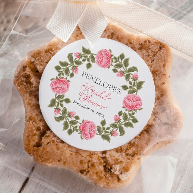 PRETTY PINK WILD ROSES BRIDAL SHOWER NAME DATE CLASSIC ROUND STICKER (Creator Uploaded)