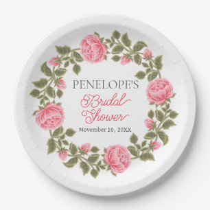 PRETTY PINK WILD ROSES BRIDAL SHOWER NAME DATE PAPER PLATE