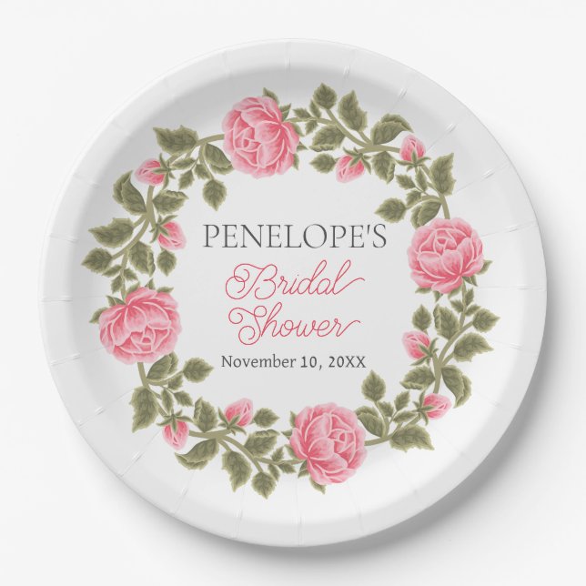 PRETTY PINK WILD ROSES BRIDAL SHOWER NAME DATE PAPER PLATE (Front)