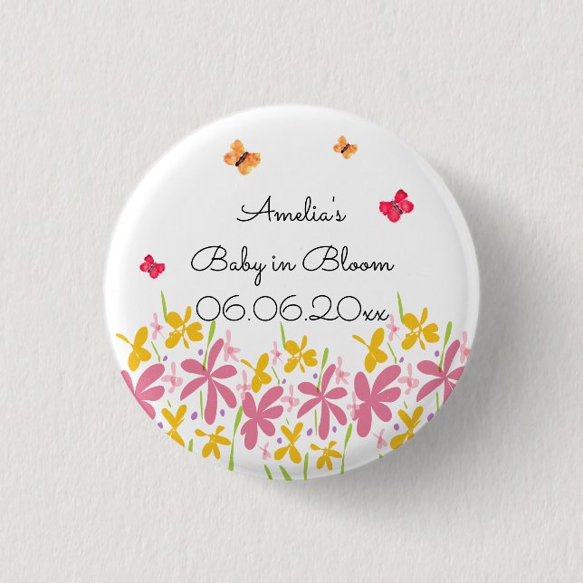 Pretty Pink Wildflower Baby in Bloom Personalised 3 Cm Round Badge (Front)