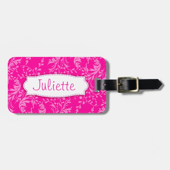 Pretty pink wildflower damask named luggage tag (Front Horizontal)