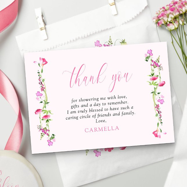 Pretty Pink Wildflower Delicate Floral Thank You Card (Pretty pink thank you cards with pink calligraphy from my Pink Wildflower Bridal Shower collection)