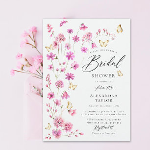 Pretty Pink Wildflowers Butterflies Bridal Shower Invitation