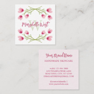 Pretty Pink Wildflowers Feminine Monogram Square Business Card