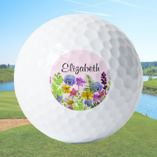 Pretty pink wildflowers with custom name womens golf balls