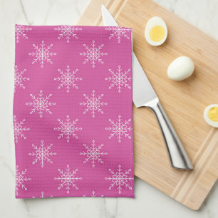 PRETTY PINK WITH ROWS OF WHITE SNOWFLAKES TEA TOWEL