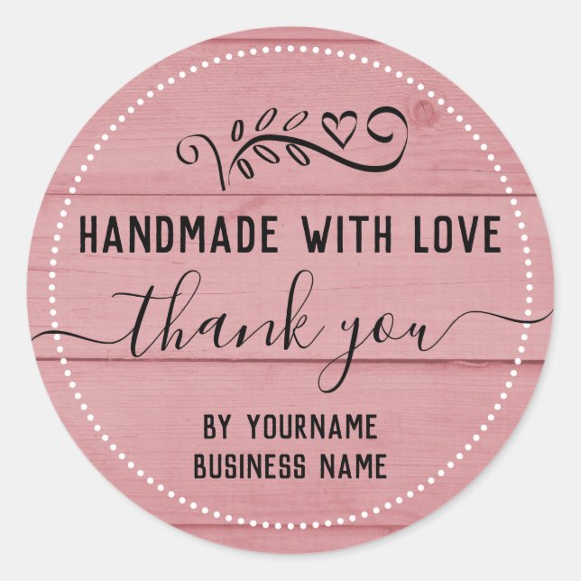 Pretty Pink Wood handmade thank you  Classic Round Sticker (Front)