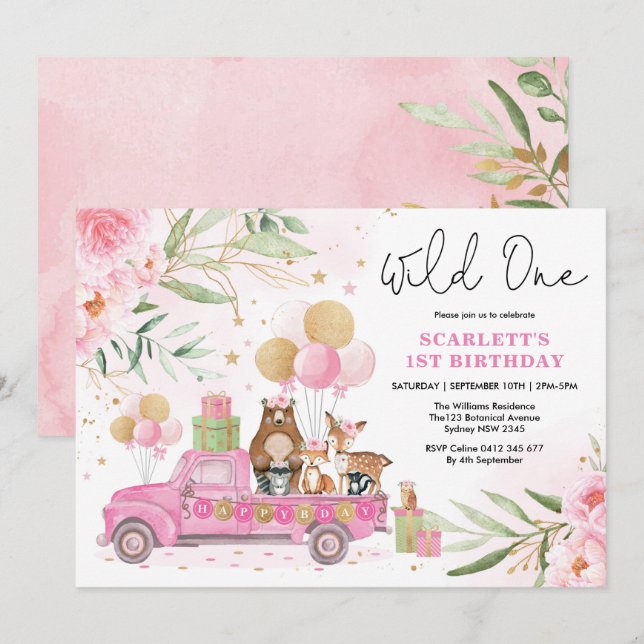 Pretty Pink Woodland Wild One Girl 1st Birthday Invitation (Front/Back)