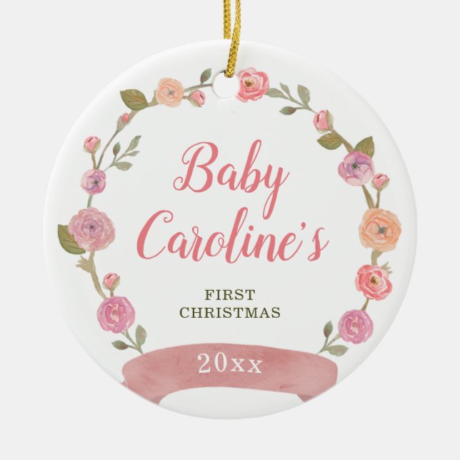 Pretty Pink Wreath Personalised Girl Christmas Ceramic Tree Decoration (Front)