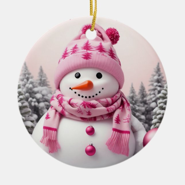 Pretty Pink Xmas Snowman Ceramic Tree Decoration (Front)