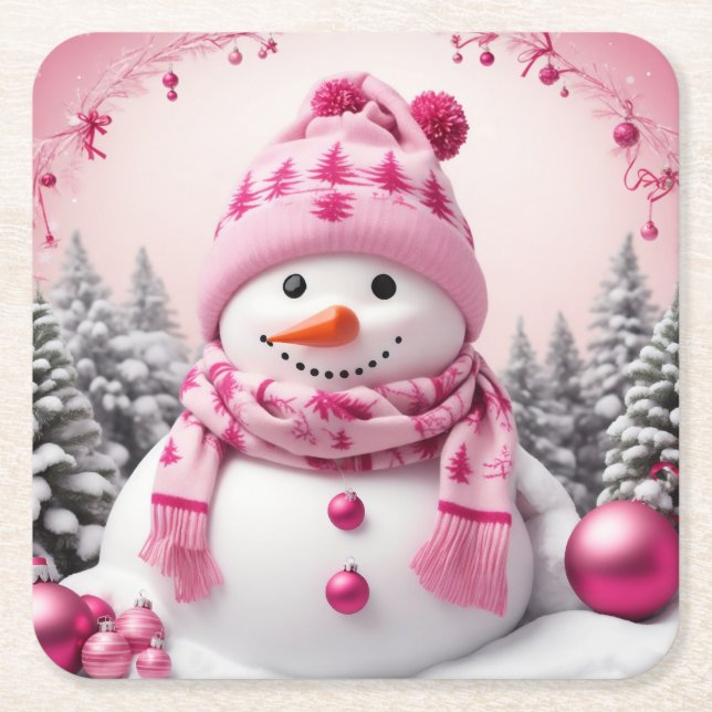 Pretty Pink Xmas Snowman Square Paper Coaster (Front)