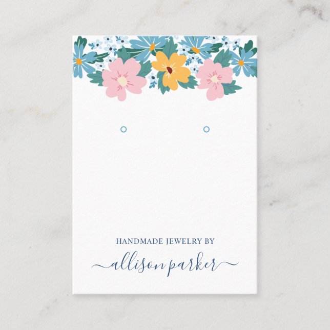 Pretty Pink Yellow Blue Flowers Earring Display Business Card (Front)