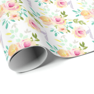 Pretty Pink Yellow Floral Watercolor Wrapping Paper