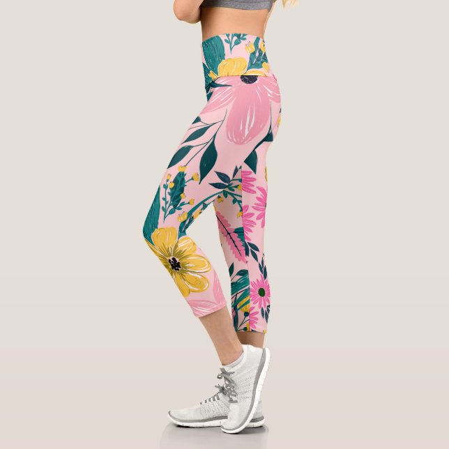 Pretty Pink Yellow Flowers Floral Capri Leggings (Left)