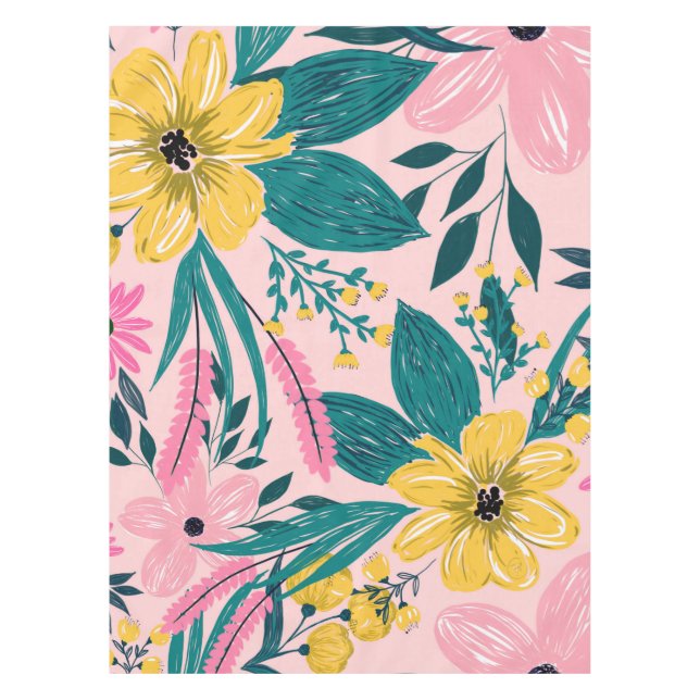Pretty Pink Yellow Flowers Floral Tablecloth (Front)