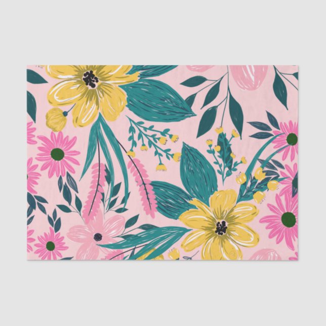 Pretty Pink Yellow Flowers Floral Tissue Paper (Front)