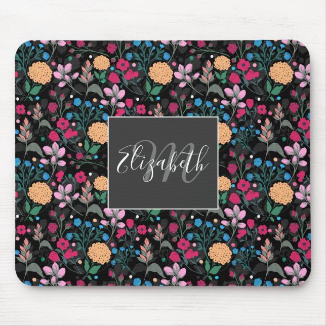 Pretty Pink & Yellow Small Floral Black Design Mouse Mat (Front)
