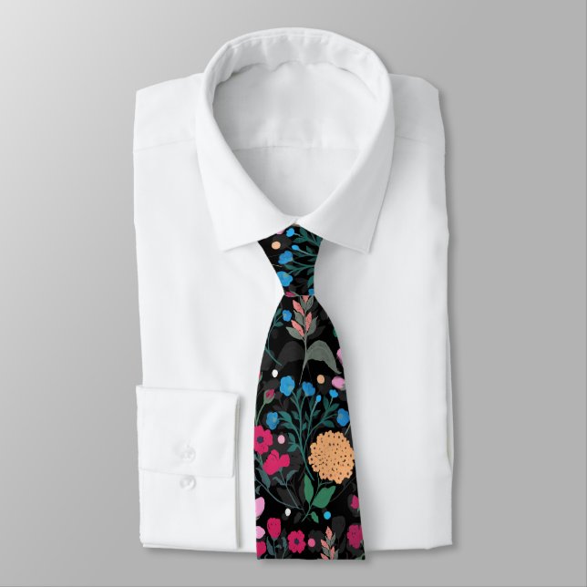 Pretty Pink & Yellow Small Floral Black Design Tie (Tied)