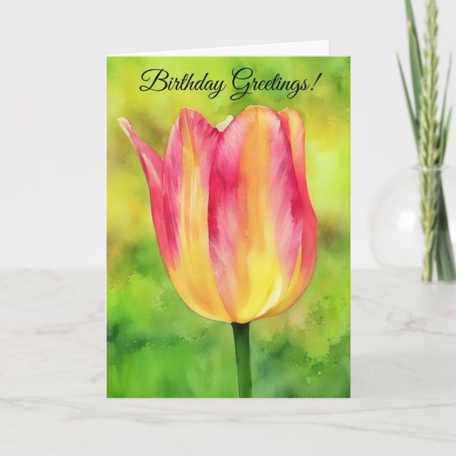 Pretty Pink Yellow Tulip Flower Art Birthday Card (Front)