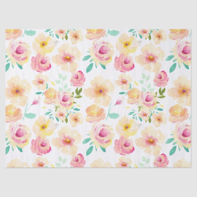 Pretty Pink Yellow Watercolor Flowers Tissue Paper (Front)