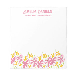 Pretty Pink & Yellow Wildflower Personalized Notepad
