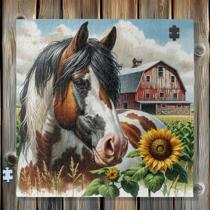 Pretty Pinto Brown and White Horse on Rustic Farm Jigsaw Puzzle