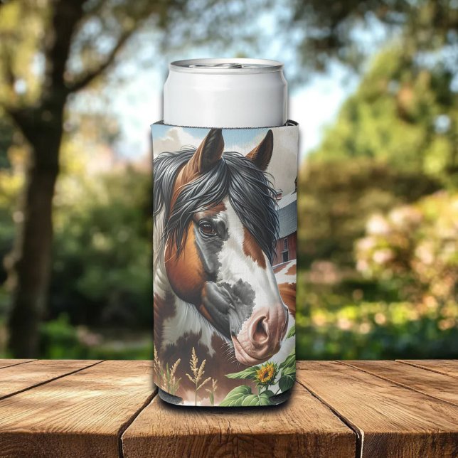 Pretty Pinto Brown and White Horse on Rustic Farm Seltzer Can Cooler (Creator Uploaded)