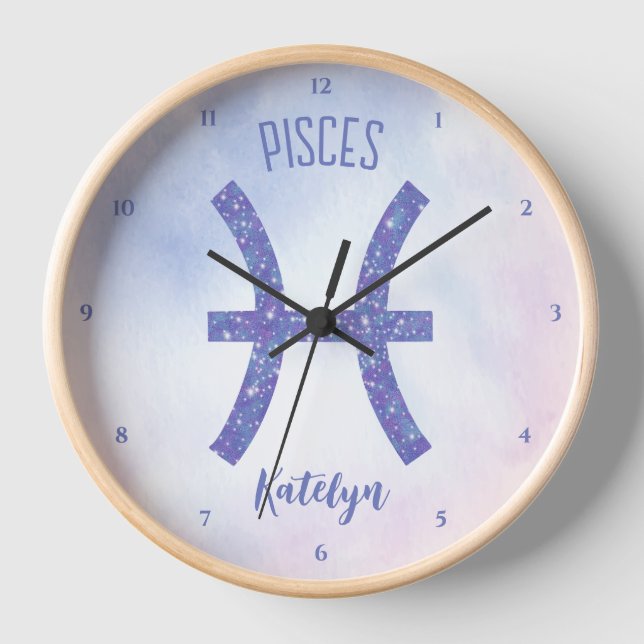 Pretty Pisces Astrology Sign Personalised Purple Clock (Front)