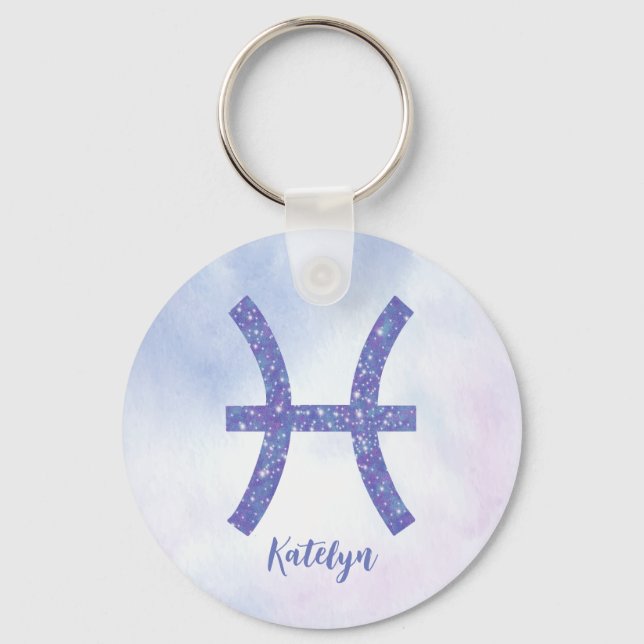 Pretty Pisces Astrology Sign Personalised Purple Key Ring (Front)