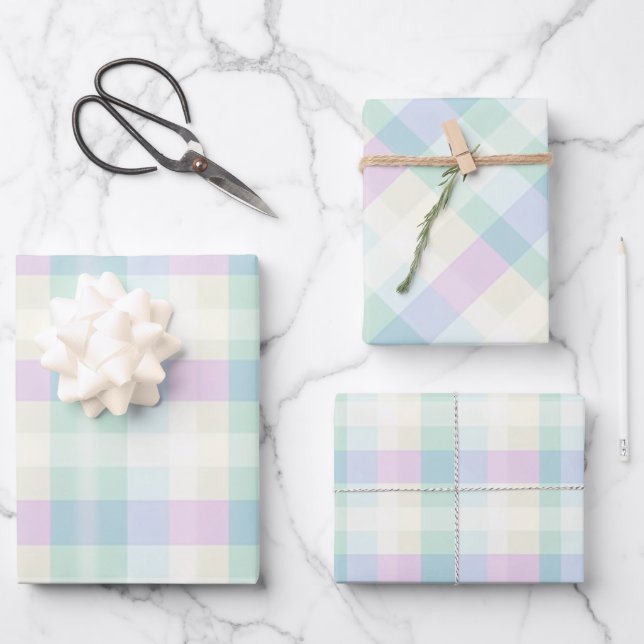 Pretty Plaid Pastel Pink Green Yellow Blue Purple  Wrapping Paper Sheet (Front)