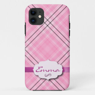 Pretty Plaid Pink with name tag iPhone 11 Case