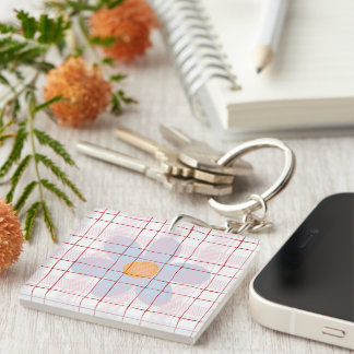 Pretty plaid with floral pink blue pattern modern key ring