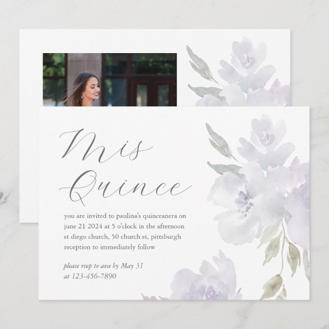 Pretty Plum Floral 15th Birthday Quinceañera Photo Invitation (Front/Back)
