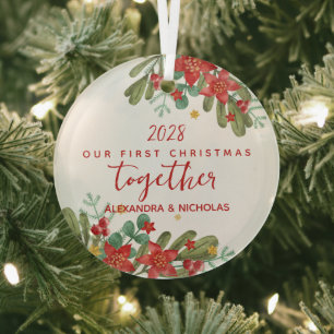 Pretty Poinsettia First Christmas Custom  Glass Tree Decoration