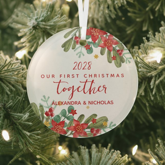 Pretty Poinsettia First Christmas Custom  Glass Tree Decoration (Insitu)