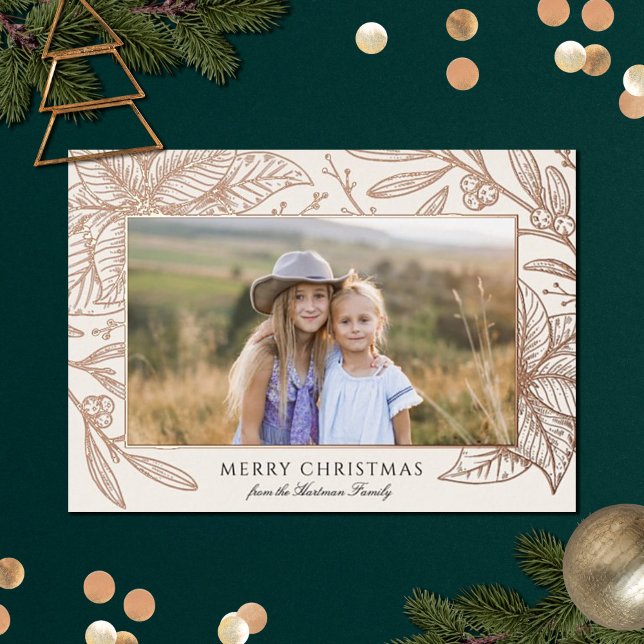 Pretty Poinsettia Floral Frame Horizontal Photo   Foil Holiday Card (Creator Uploaded)