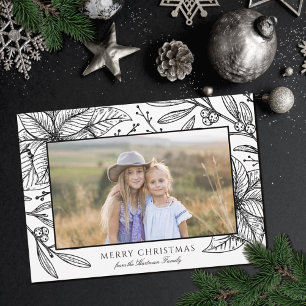 Pretty Poinsettia Floral Frame Horizontal Photo Holiday Card